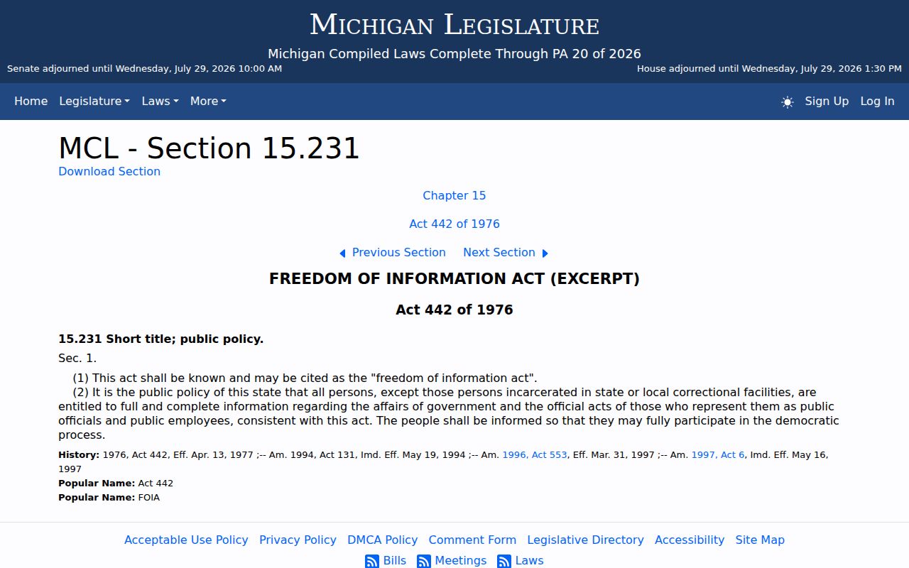 Hartford criminal record access for Van Buren County under Michigan FOIA