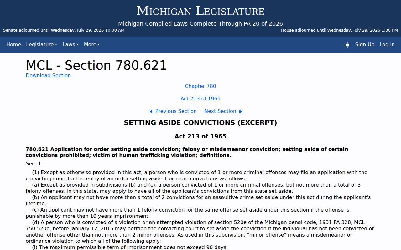 Hartford criminal record set-aside eligibility for Van Buren County under Michigan law