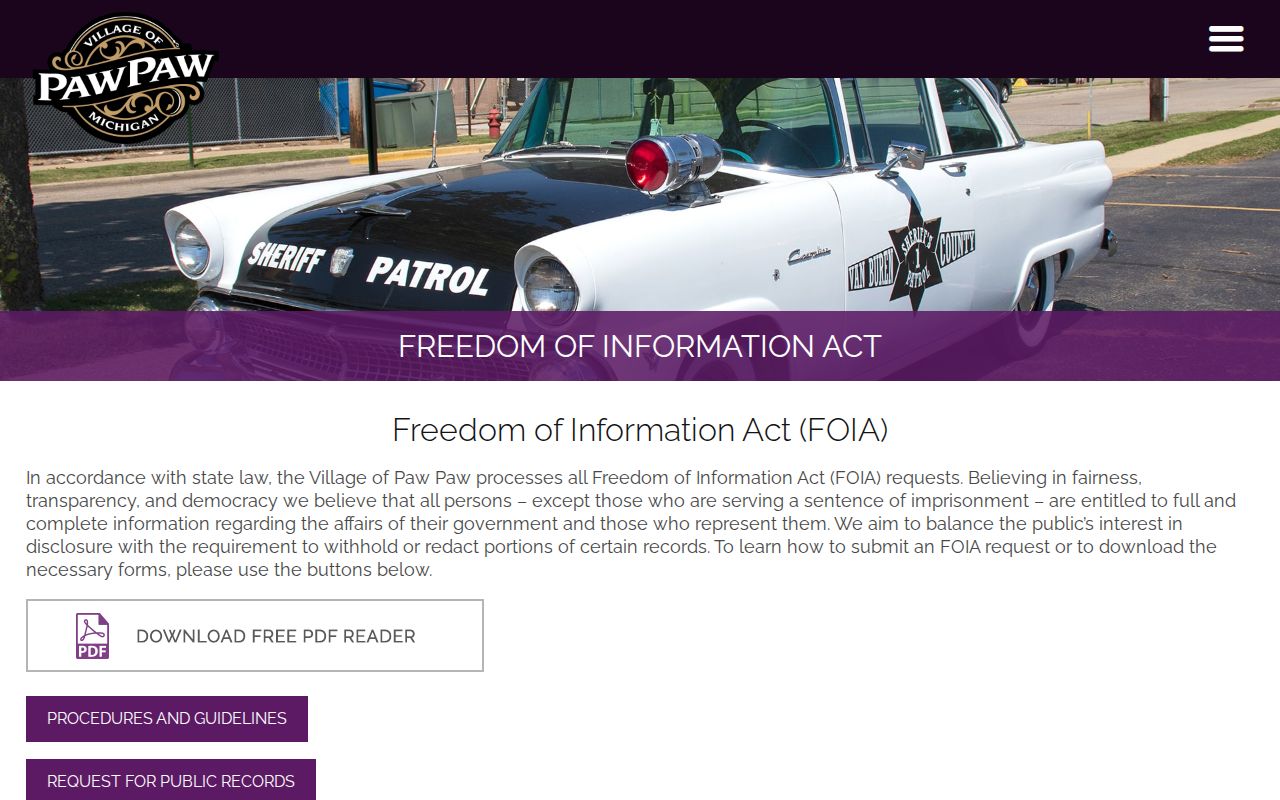 Paw Paw criminal record request for Van Buren County through the Village FOIA page