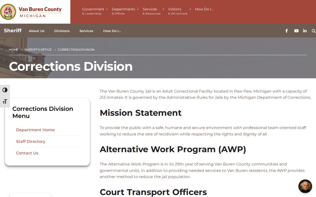 Van Buren County jail Corrections Division and arrest booking process