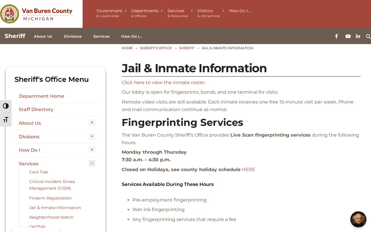Van Buren County current inmate roster and arrest booking access